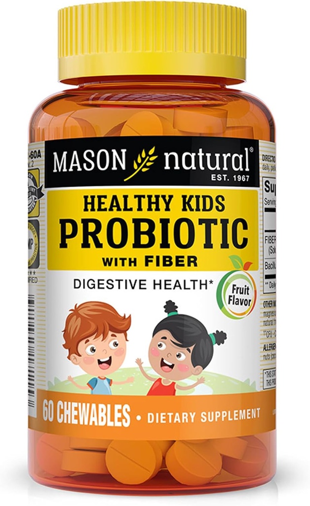 Probiotico per bambini sani di MASON NATURAL con fibra - Funzione digestiva sana, salute del fegato migliorata, 60 masticabili