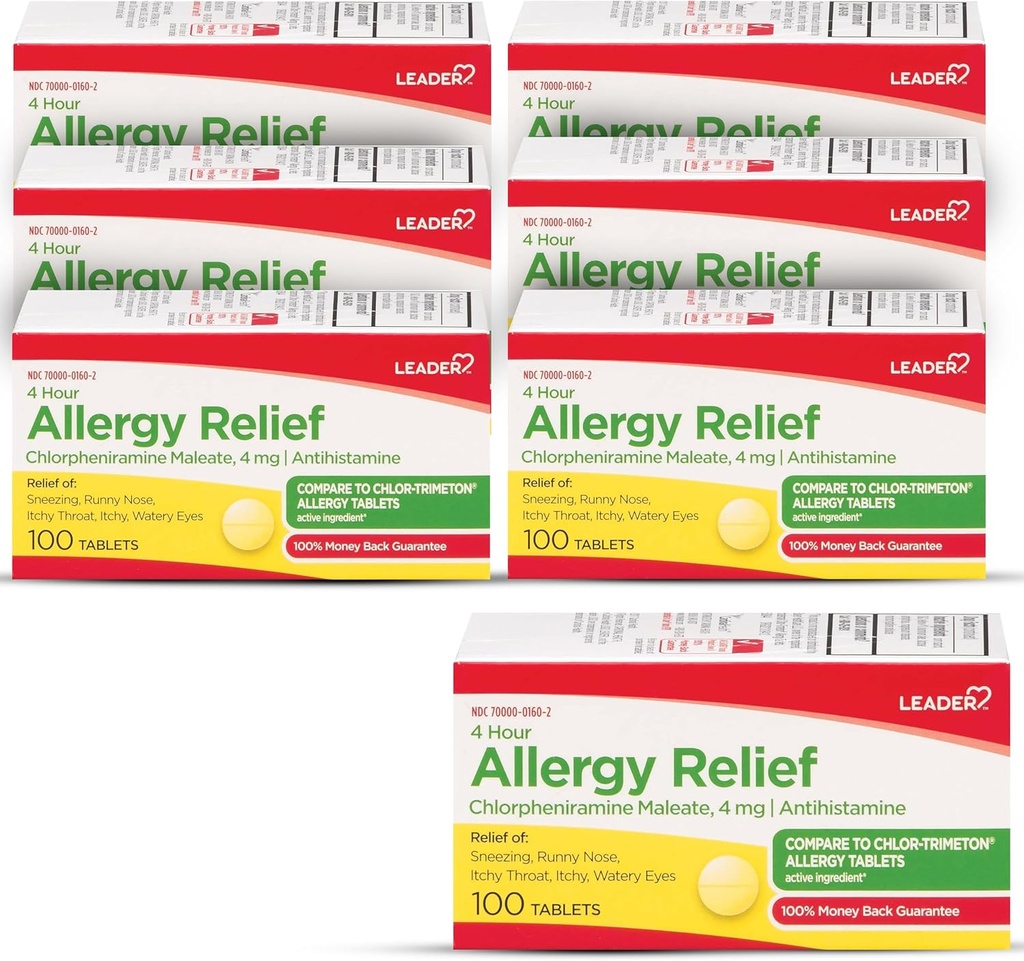 Leader 4 ore Allergy Relief, Chlorpheniramine Maleate Tablets, Antistamina, 4 mg, 100 Count (Pacchetto di 6)