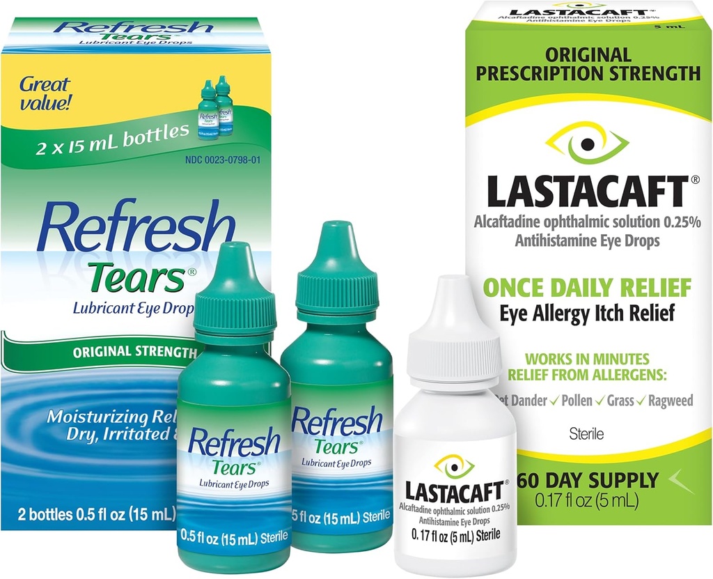 Bundle of Refresh Tears Lubricant Eye Drops, 2 Count (Pack of 1) + Lastacaft Una volta Daily Eye Allergy Itch Relief Drops, 60 Day Supply, 0.17 Fl Oz (Pack of 1)