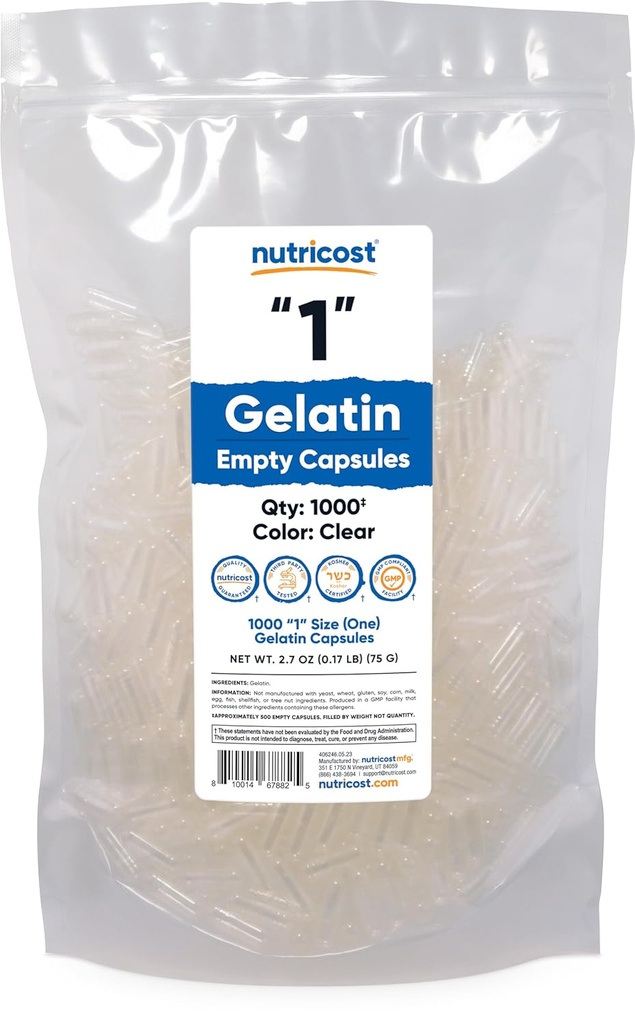 Nutricost Empty Capsule Gelatin Size 1-1000 Clear Empty '1' Gel Capsule - Kosher, Non OGM, Soy Free, Gluten Free