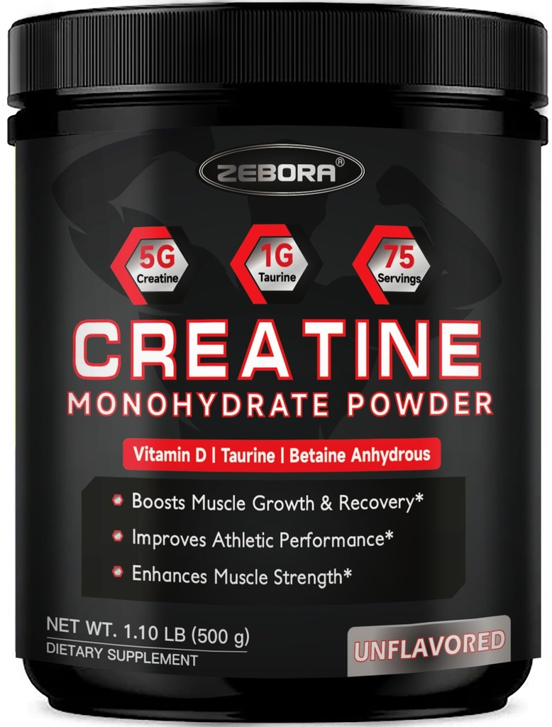 ZEBORA Micronized Creatine Monohydrate Powder, Creatina Monoidrato per le donne-Men, aiuta il recupero del muscolo, migliora la dimensione del muscolo e la resistenza con 5G Creatina e 1G Taurina