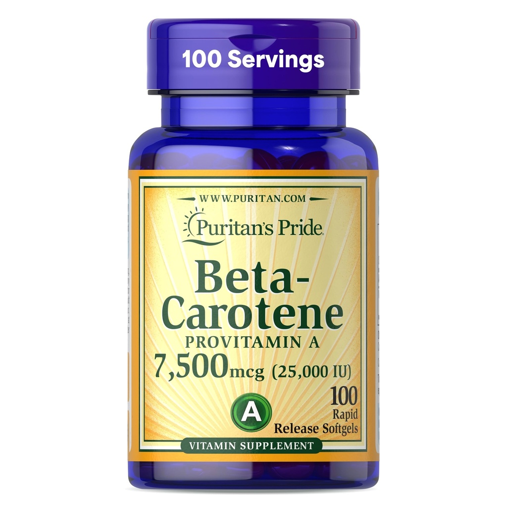 Puritan's Pride Beta Carotene Provitamin A 7,500mcg (25.000 UI), Integratore di Vitamina per Sistema Immune, Antiossidante e Supporto per la Salute degli Occhi, Alimentazione 100 giorni, 100 Softgel a rilascio rapido