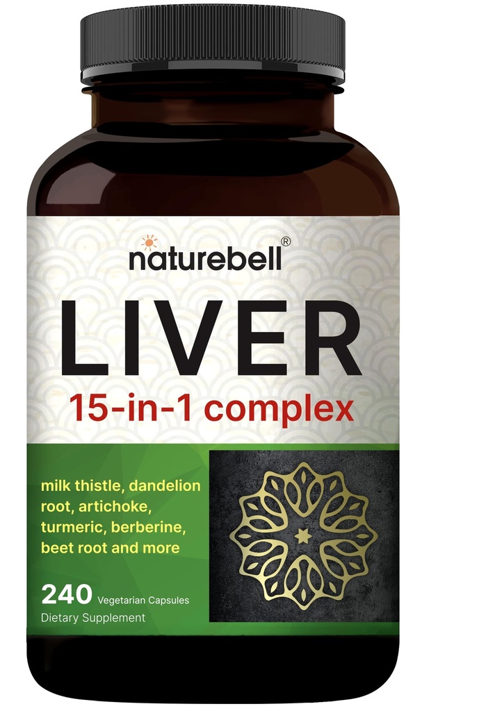 Complesso di fegato 15-in-1, 240 capsule di verdure | Miscela di erbe e minerali - Latte Thistle, Radice di dadelion, carciofo, olio di ribes nero, curcuma, chicoria, zinco, colina, e altro