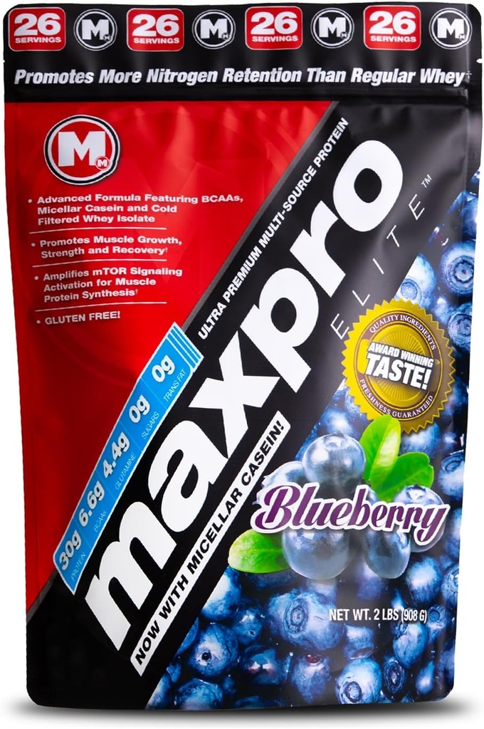 Max Muscle Maxpro Elite Whey Protein Powder | 30g Protein | 0g Sugar | 6.6g BCAAs | Micellar Casein filtrato a freddo Whey Isolate Protein | promuove la crescita e il recupero del muscolo (Blueberry, 2lb)