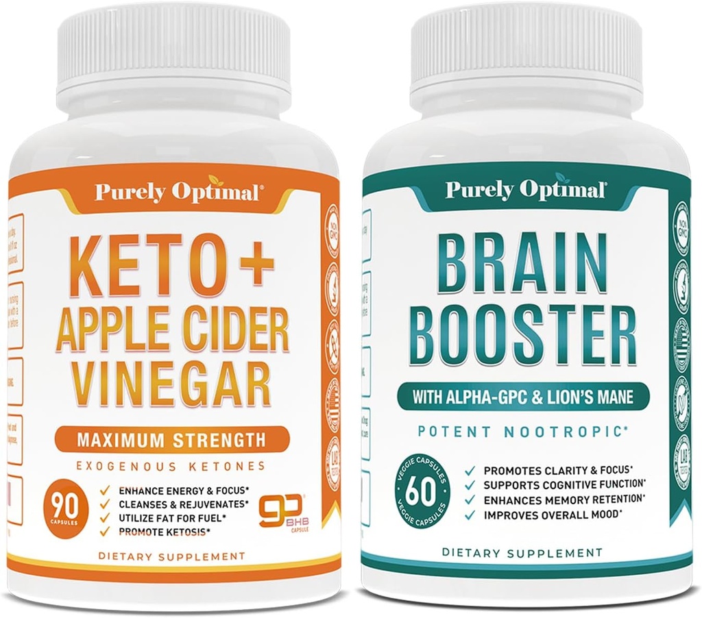 Pure Optimal Premium Keto Pills + Apple Cider Vinegar Capsule con Madre + Premium Brain Supplement - Nootropic Brain Booster for Focus, Clarity, Memoria migliorata, Concentrazione & Better Mood