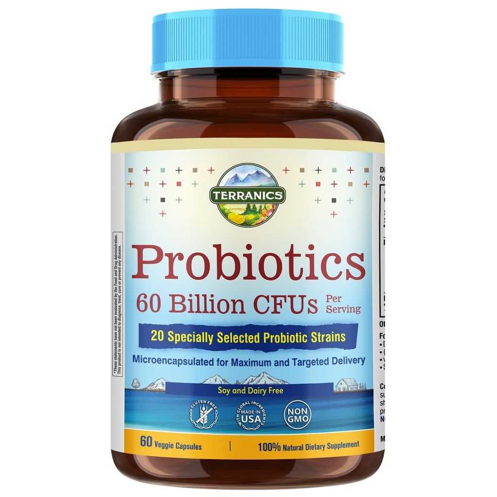 Terranics Probiotics 60 miliardi di CFU, 20 Strains, 60 Veg Capsule, Prebiotici & Probiotici, Shelf Stable Probiotic Supplement per Uomo & Donne, Salute Digestiva & Immune, Non OGM, NO Soia, Latticini & Gluten