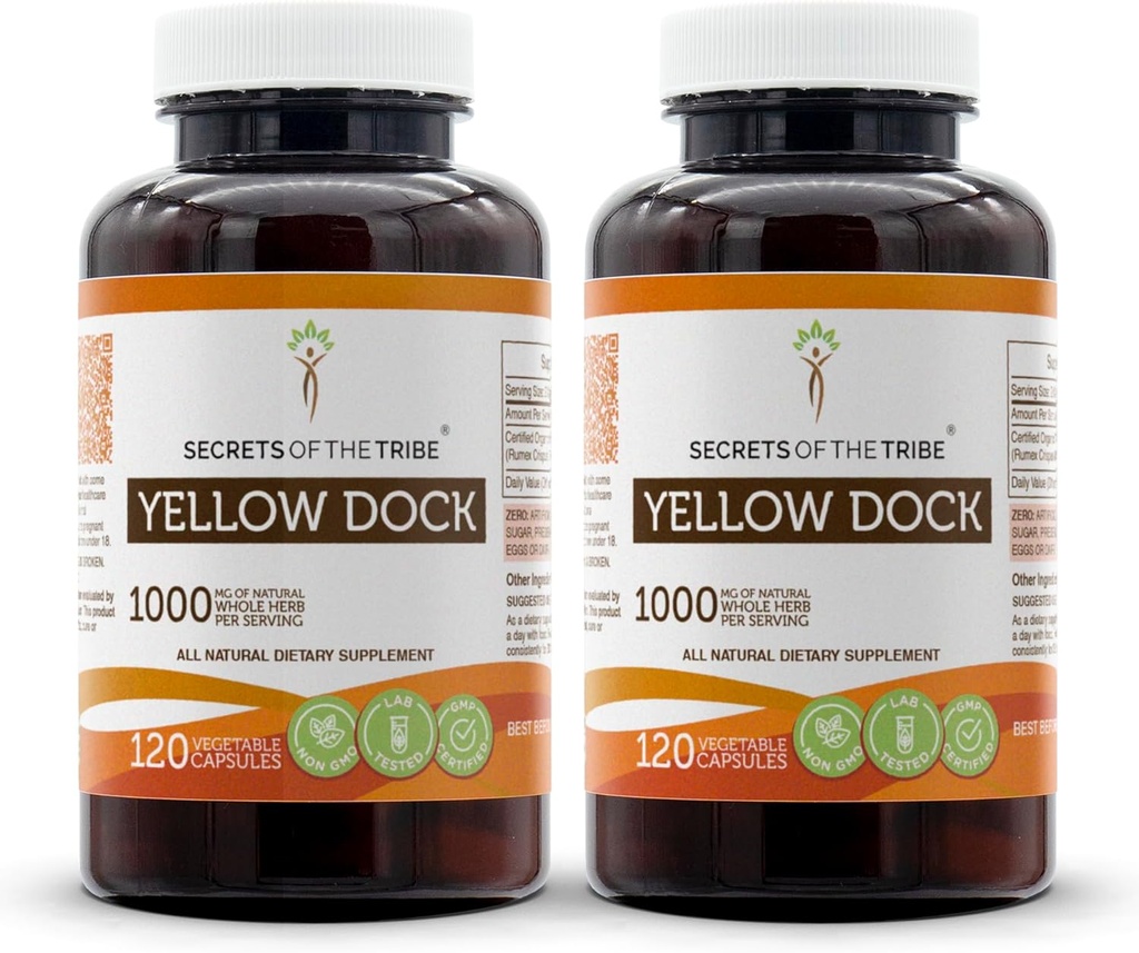 Segreti della Tribe Yellow Dock 120 Capsule (2 pz.), 1000 mg, Giallo Dock (Rumex Crispus) Radice secca (2x120 capsule)