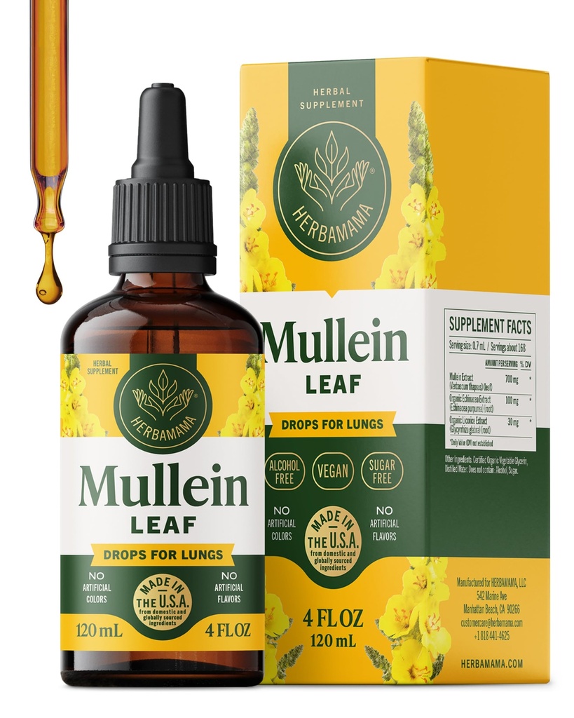 HERBAMAMAMA Mullein Drops for Lungs - Vegan Lung Cleanse with Mullein Leaf Extract, Echinacea Tincture & Licorice - Non-GMO, Alcol & Sugar-Free Respiratory Support Supplement - 56-Day Supply