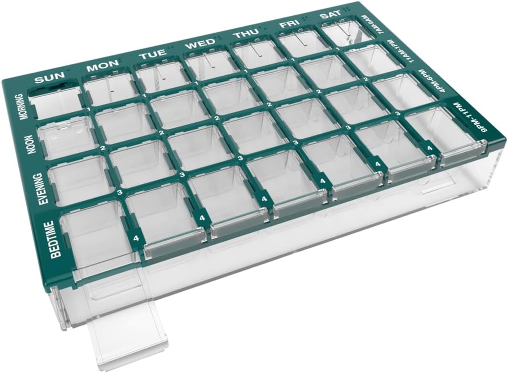 EZY DOSE Pill Organizer settimanale (7-giorno), Medicina Planner, Vitamina Case/Box, Confronti medi con Easy Fill Tray, 4 volte al giorno, Facile da usare Contenitori, Chiavi, Verde, BPA Free