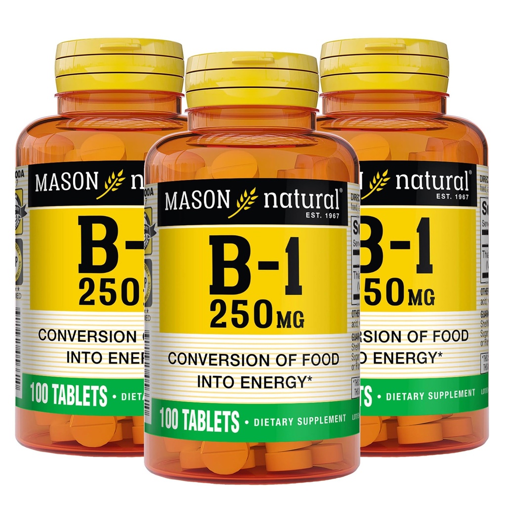 MASON Vitamina NATURAL B1 Thiamine 250 mg, 300, alimentazione giornaliera, supplemento dietetico per sostenere i livelli di energia naturale, 100 compresse (pacchetto di 3)
