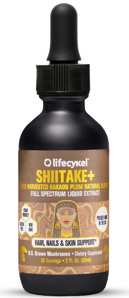 Lifecykel - Estratto di funghi Shiitake con Kakadu Plum- Hair, Skin & Nail Support, Anti Aging Supplement- 100% Funghi organici, Boosting Immune, Vitamina C Made in The US- 2 Fl oz(Packaging May Vary)