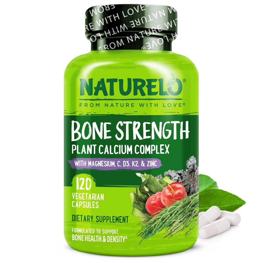 NATURELO Calcium Supplemento - con Vitamina C, Vitamina D3, K2, e Calcium Magnesium Zinco per Bone Forza con Calcium 600mg - Plant-Based, 120 Capsule Vegetariani, Non OGM, Soia & Gluten-Free