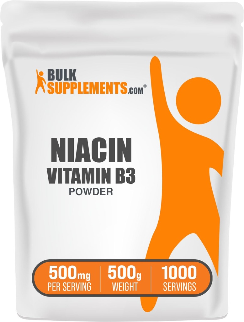 BulkSupplements.com Niacin Powder - Vitamina B3 Supplemento, Niacin 500mg - Niacin Flush, Niacin con Flushing - Gluten Free, 500mg di Niacin per Serving, 500g (1.1 lbs) (Pacchetto di 1)