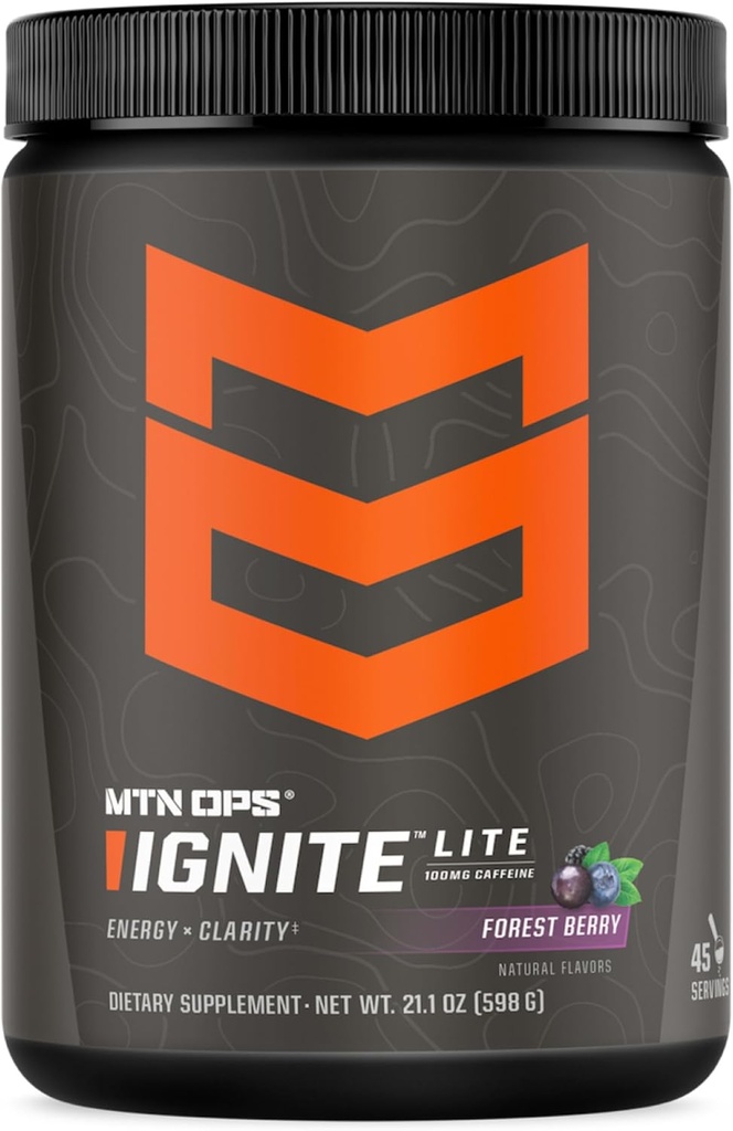 MTN OPS Ignite Lite Energy Drink Powder Gluten Free Nitric Oxide Supplement Drink Mix, L Arginina, L Citrulline, Caffeina & Nootropic Sugar Free Drink Mix, 45 Serve, Forest Berry