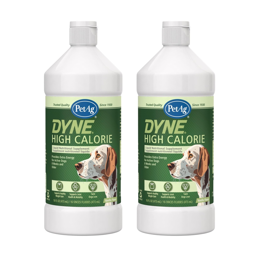 PetAg Dyne High Calorie Supplemento nutrizionale liquido per cani e cuccioli 8 settimane e più vecchi - 16 once, Confezione da 2 - Supporta prestazioni e resistenza - Dolce Vanilla Flavor