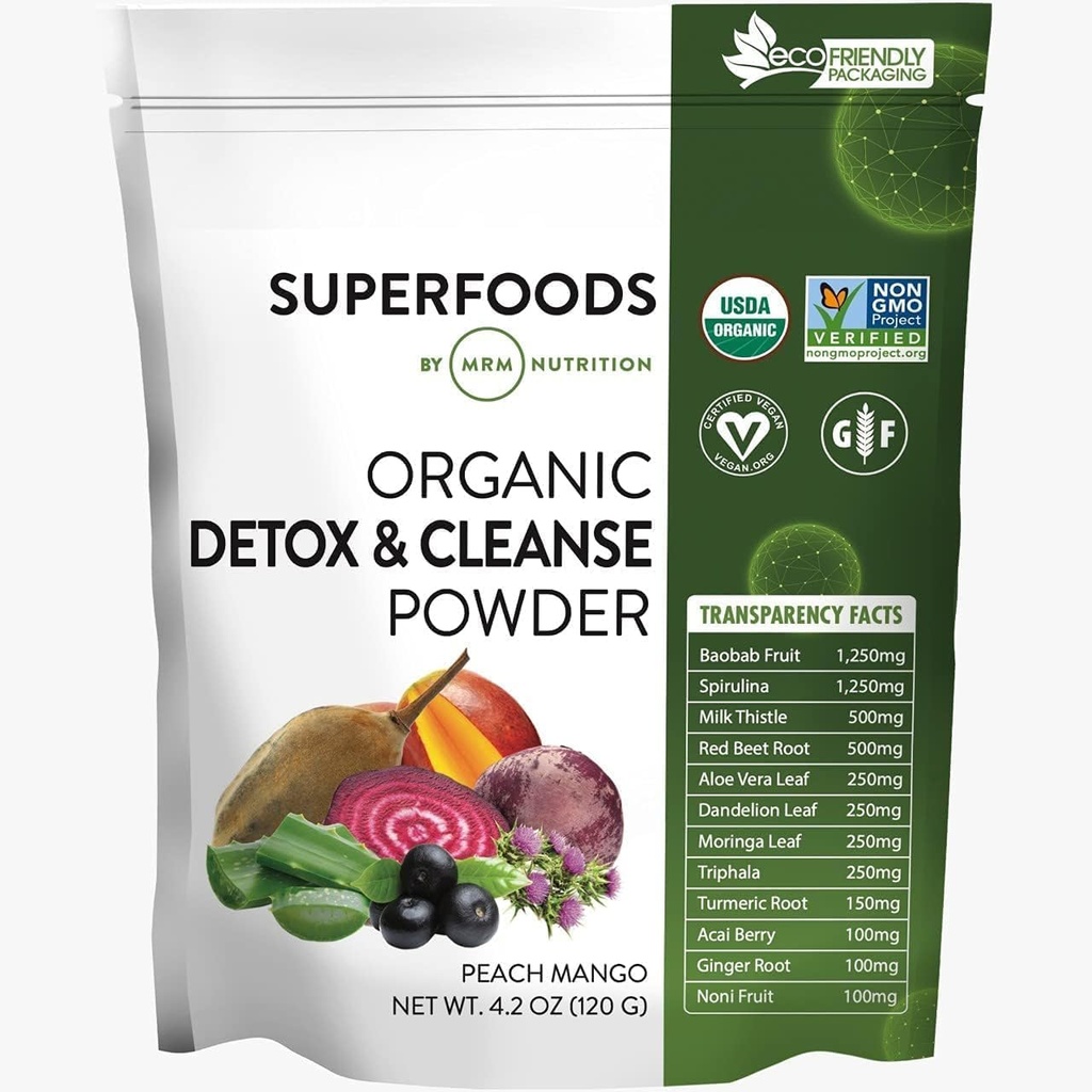 MRM Nutrition Organic Detox and Cleanse Powder | Peach Mango Aromaed | Detox Gentle Daily | Superfoods | Antiossidanti + Clorofilla + Phycocyanin + Electrolytes | 15 Serve