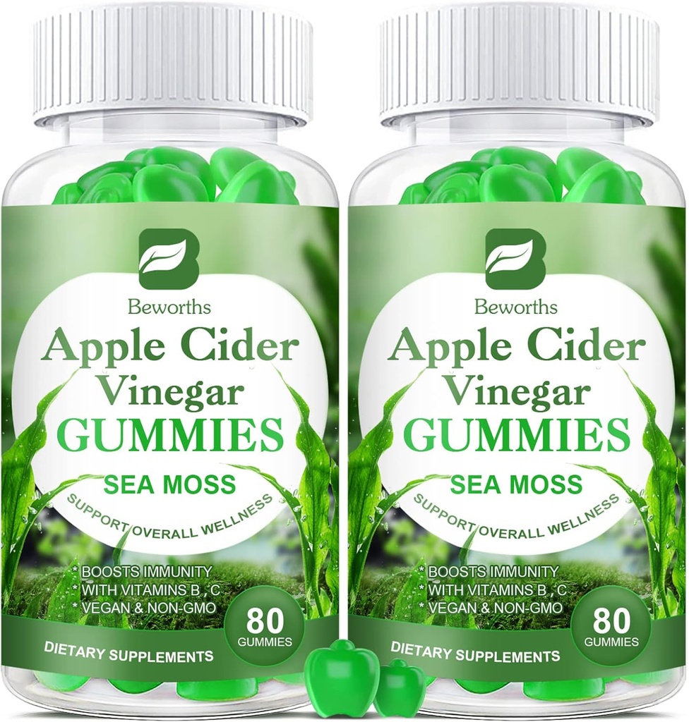 Aceto di sidro di mele &amp; Gummie di mare, organico ACV Gummies con supplemento di madre Supporta l'immunità, la salute digestiva per adulti e bambini, pancia di seamoss con vitamina B6 B9, B12