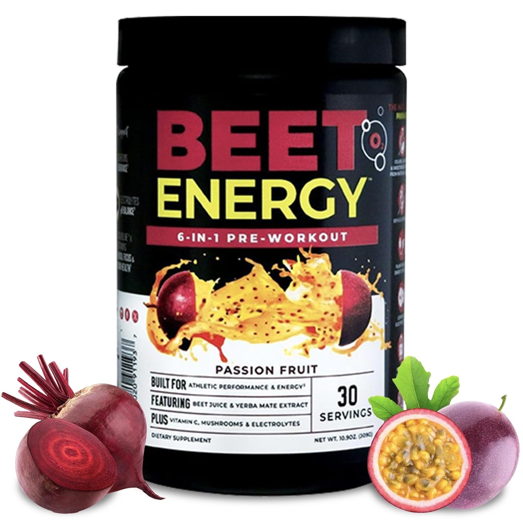 Nutrologia Beet Energy O2, Pre Workout Powder, Energy, Endurance & Nitric Oxide Booster with Beet Powder, Yerba Mate, Adaptogens & Electrolytes, Vegan Pre Workout, Passion Fruit Flavor, 30 Servings