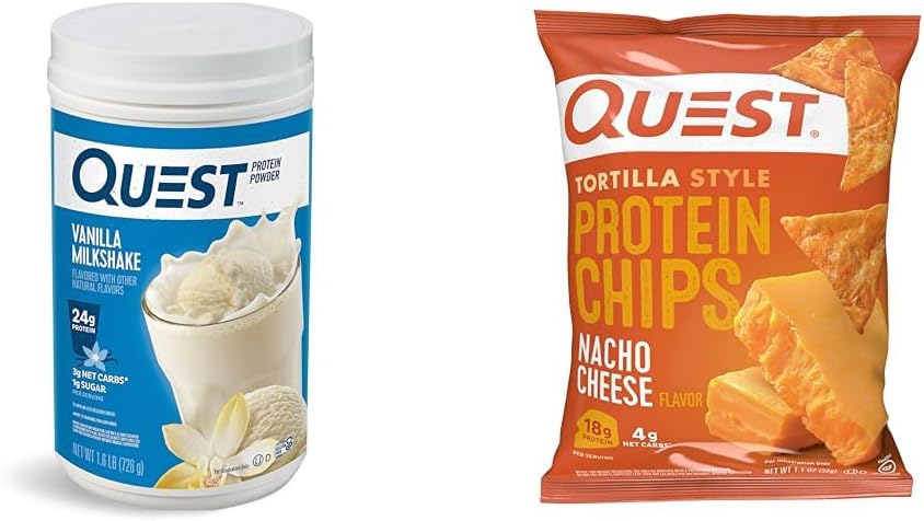 Quest Vanilla Milkshake Protein Powder, 24g Protein, 1.6lb + Quest Nacho Cheese Tortilla Style Protein Chips, 18g Protein, Confezione da 12