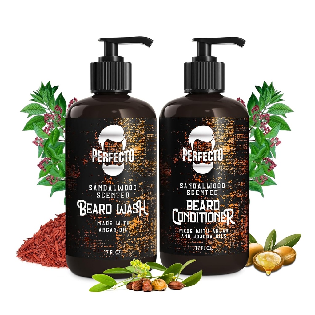 Perfecto Beard Wash & Beard Condizionatore Set con olio di Argan e Jojoba - Rafforza e ammorbidisce - Natural Sandalwood Scent