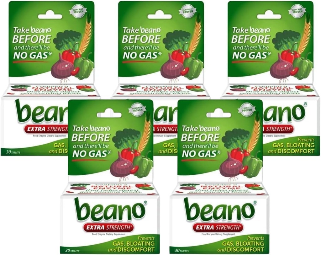 Beano Extra Forza, Prevenzione del Gas & Integratore Dell'Enzima Digestivo, 30 Conte (Pacchetto di 5)