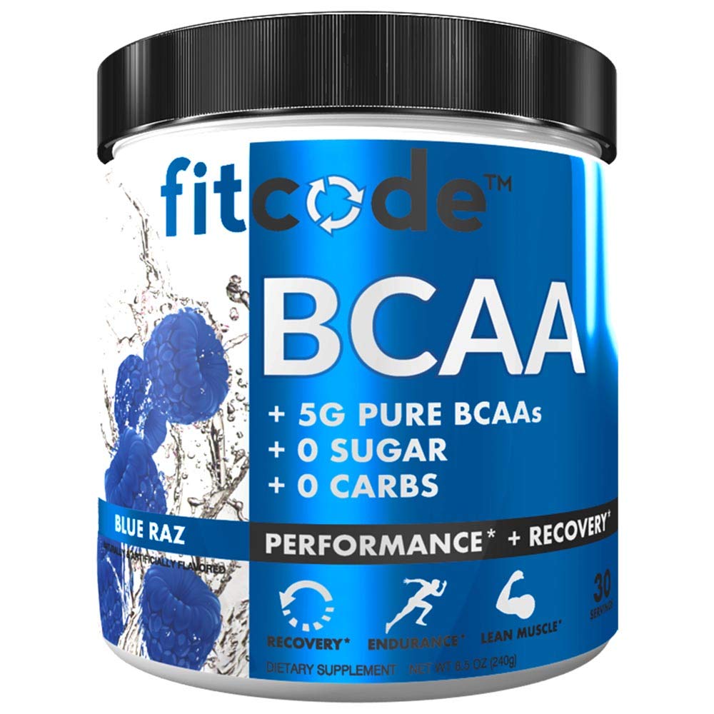 Fitcode Ultra Premium BCAAs con 5G di BCAA puri con Proven 2:1:1:1 Rapporto di aminoacidi per aiutare il recupero post allenamento, crescita muscolare magra, resistenza, 30 Serve (Raz blu)