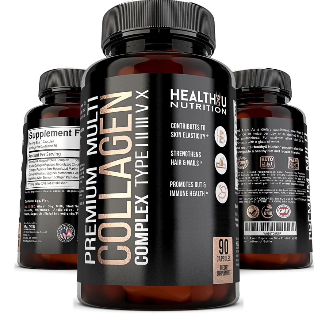 Pillole Multi Collagen Premium - Capsule Collagene Idrolizado per Uomini e Donne Tipi 1 2 3 5 10 - Integratori di Collagene per Uomo - Colageno Hidrolizado Pastillas para Hombre Mujer 90 caps