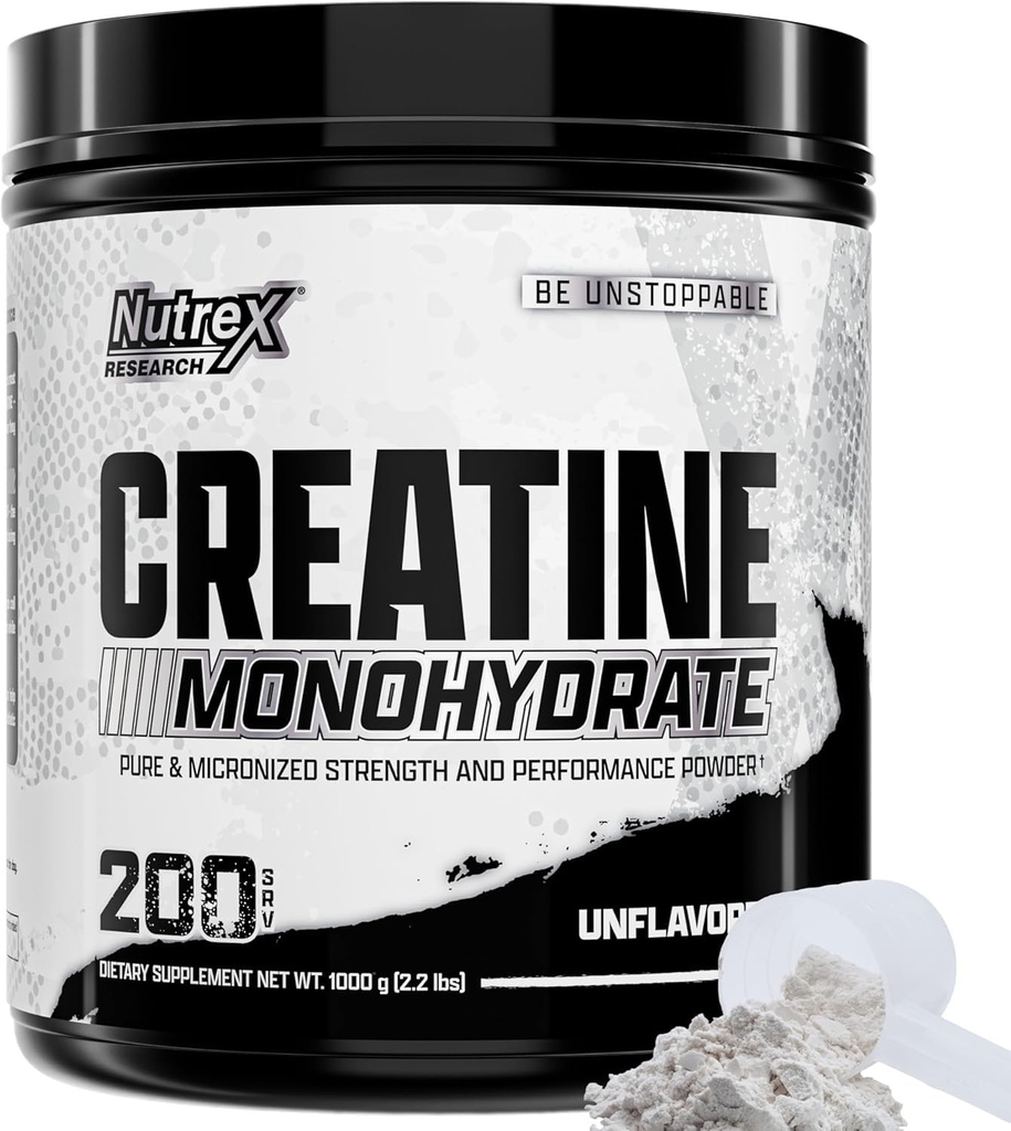 Polvere monoidrata della creatina micronizzata della ricerca di Nutrex - 200 Serve (1KG) Integratore monoidrato della creatina puro, non aromatizzato per guadagno del muscolo, resistenza e prestazioni, 5G per Serv (2.2lbs)