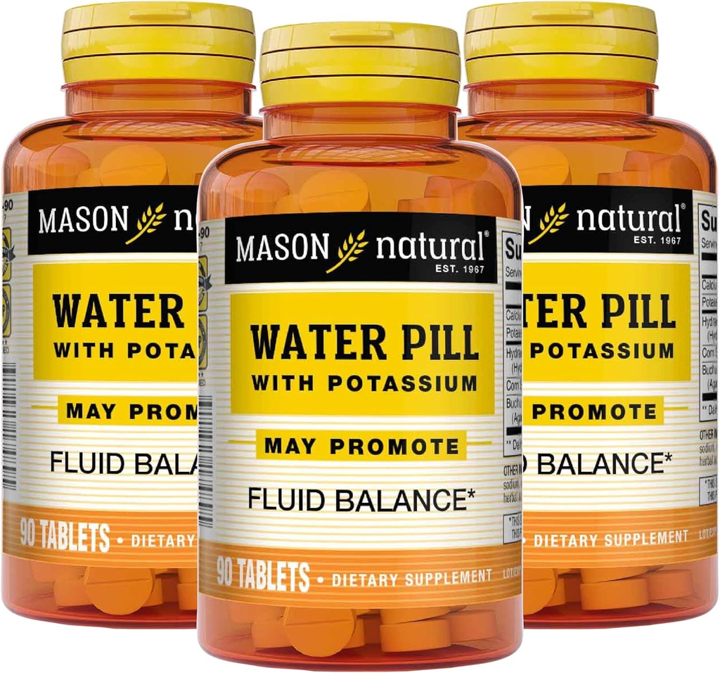 Mason Natural Water Pill with Potassium and Calcium - Supporta l'equilibrio fluido, aiuta a alleviare Bloating and Swelling, Natural Diuretic Supplement, 90 compresse (Pack of 3)