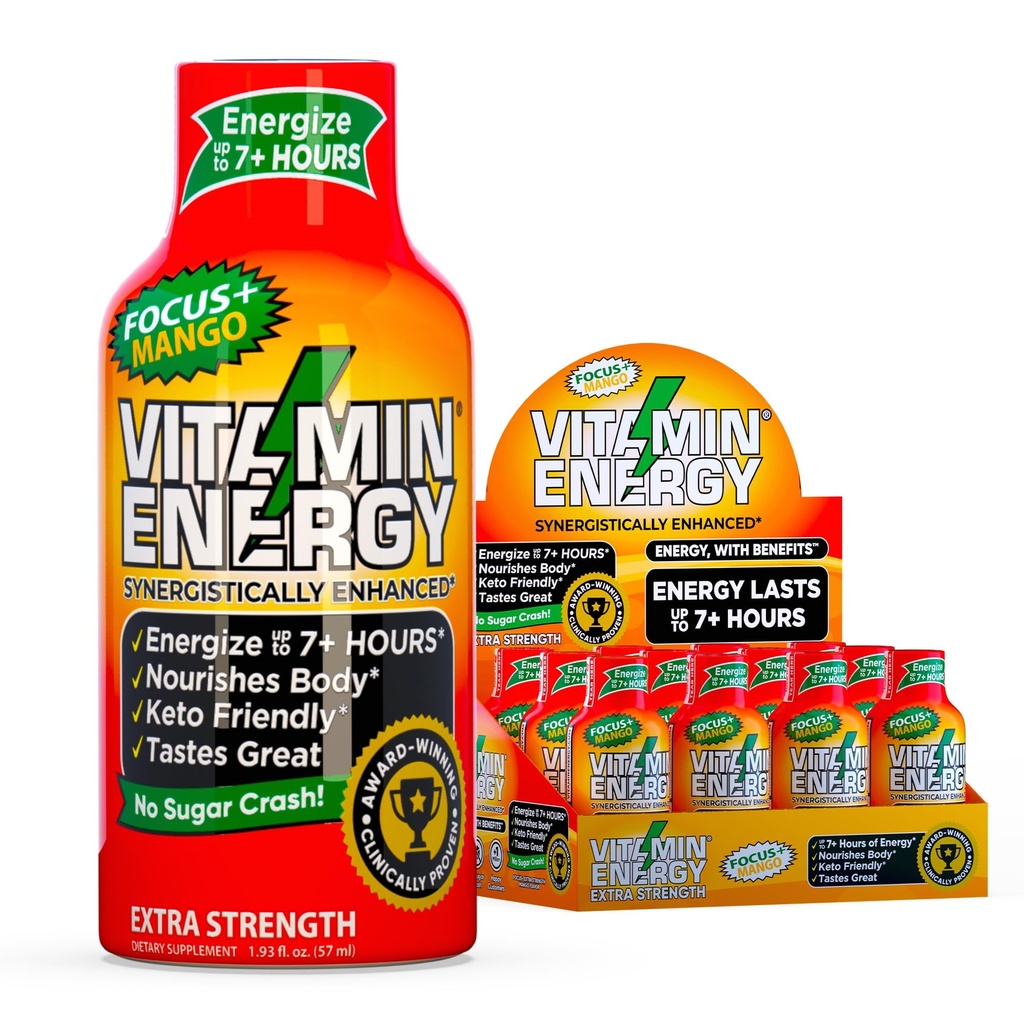 Vitamin Energy Focus+ Extra Strength Energy Shot Mango 12 Pack, 260mg Natural Caffeine, B-Vitamins, CoQ10, Aminoacidi, Focus, Produttività & Clarity, Zero Sugar, Gluten-Free, 1.93 fl oz