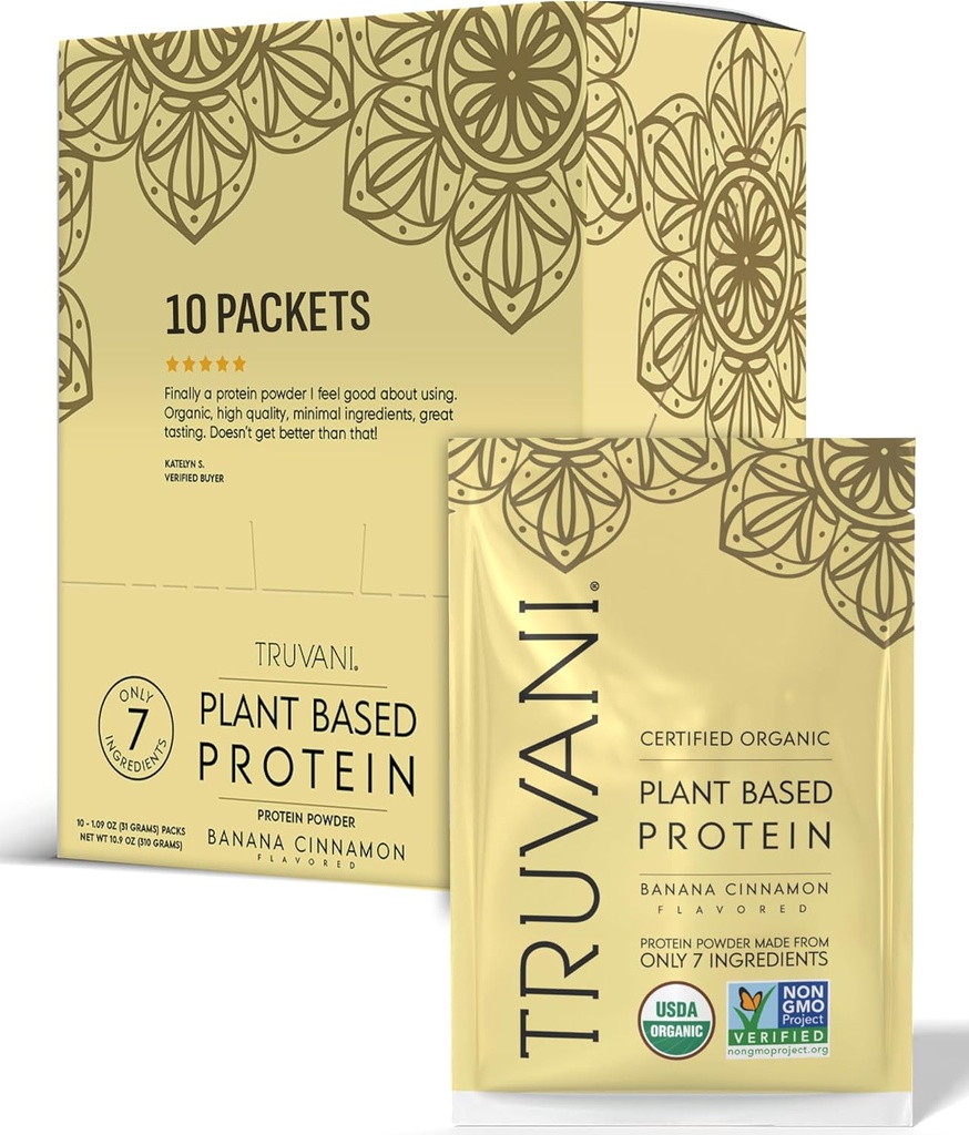 Truvani Vegan Pea Protein Powder | Banana Cinnamon | 20g Organic Plant Based Protein | Single Serving Travel Packets | 10 Servings | Keto | Gluten & Dairy Free | Low Carb | No Aggiunto Sugar