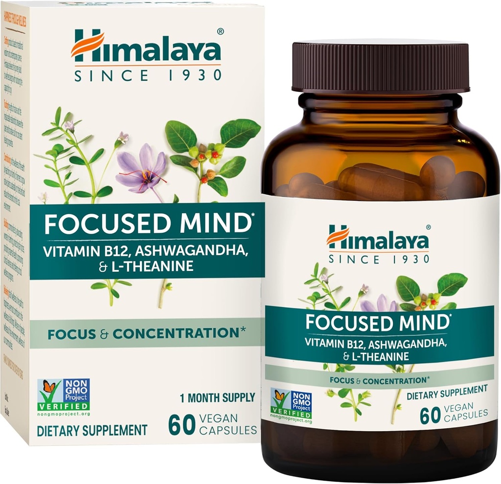 Himalaya Focused Mind con Ashwagandha, Bacopa & L-teanina per messa a fuoco, energia e attenzione, 60 capsule, 1 mese di fornitura, Vegan, Gluten Free