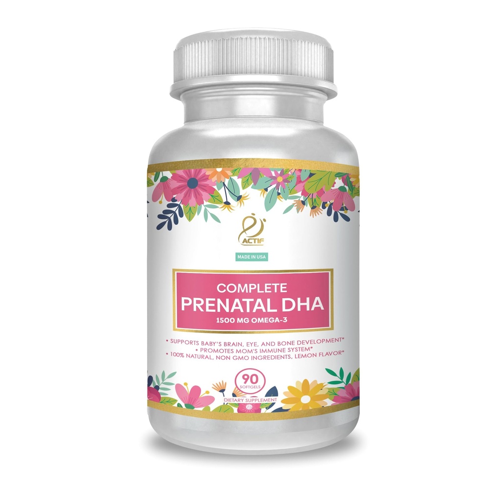 ACTIF DHA Prenatale completo con 1500mg Omega-3, 100% naturale, DHA organico, EPA – Non OGM, 90 Conte