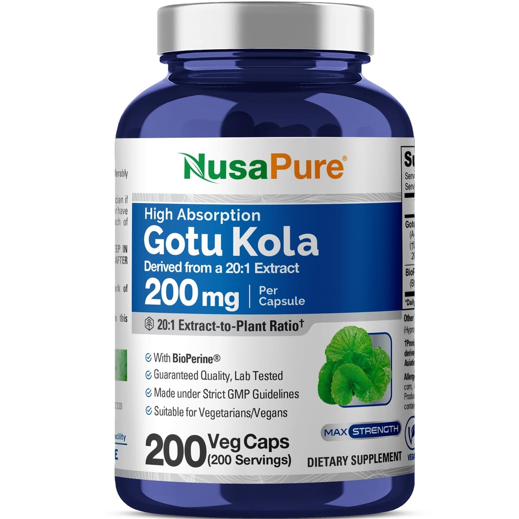 NusaPure Gotu Kola Capsule 20:1 estratto, 200 mg Equivalente a 4000mg Per Veggie Caps, 200 Conte, Non OGM, Vegan, Bioperine - Estratto di erbe Tradizionali