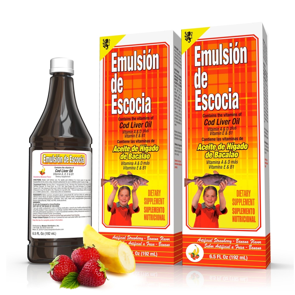 Emulsión de Escocia Cod olio di fegato Supplemento liquido con vitamine A, D, E & B1 - Olio di pesce naturale Omega 3 per bambini e adulti - Delicious Strawberry Banana Flavor - 6.5 oz (2-Pack)