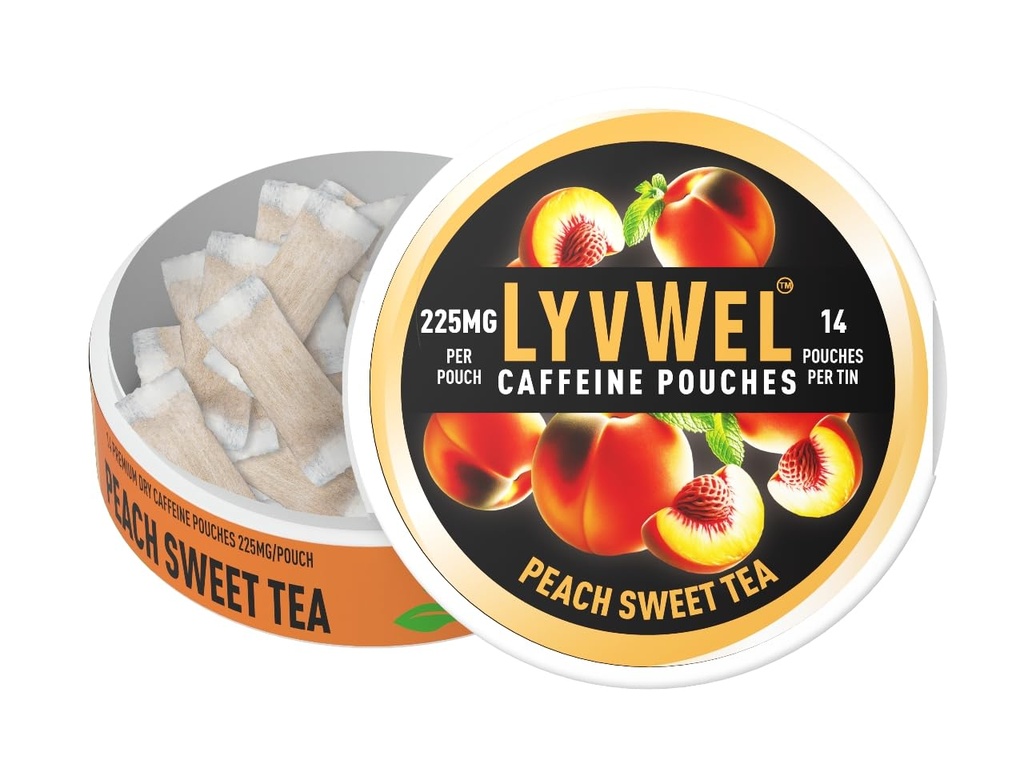 LyvWel Ultra Caffeine Pouch – Peach Sweet Tea – 225 mg di caffeina naturale con Guarana – Energia pulita per Focus & Mood – 1-Pack (15 Pouches)