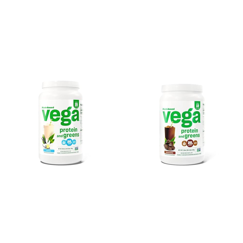 Vega Proteine e Greens Protein Powder, Vanilla - 20g Plant Based Protein Plus Veggies, Vegan & Protein e Greens Protein Powder Chocolate (19 Servings) - 20g Plant Based Protein Plus