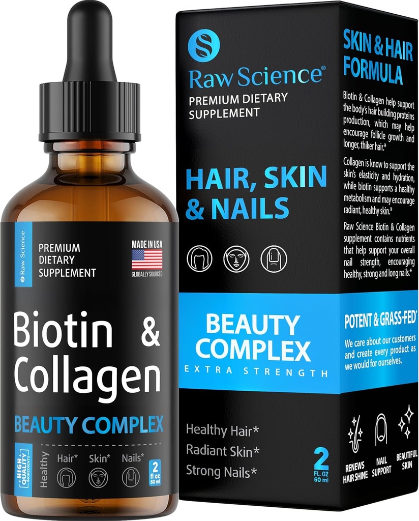 Liquid Collagen & Biotin Integratori per la crescita dei capelli - Biotin 10000mcg Collagen Peptides 20000mcg Gocce - Vitamine per capelli per la perdita di capelli per le donne & uomini, pelle e Nail Strengthener - Made in USA, 2 floz