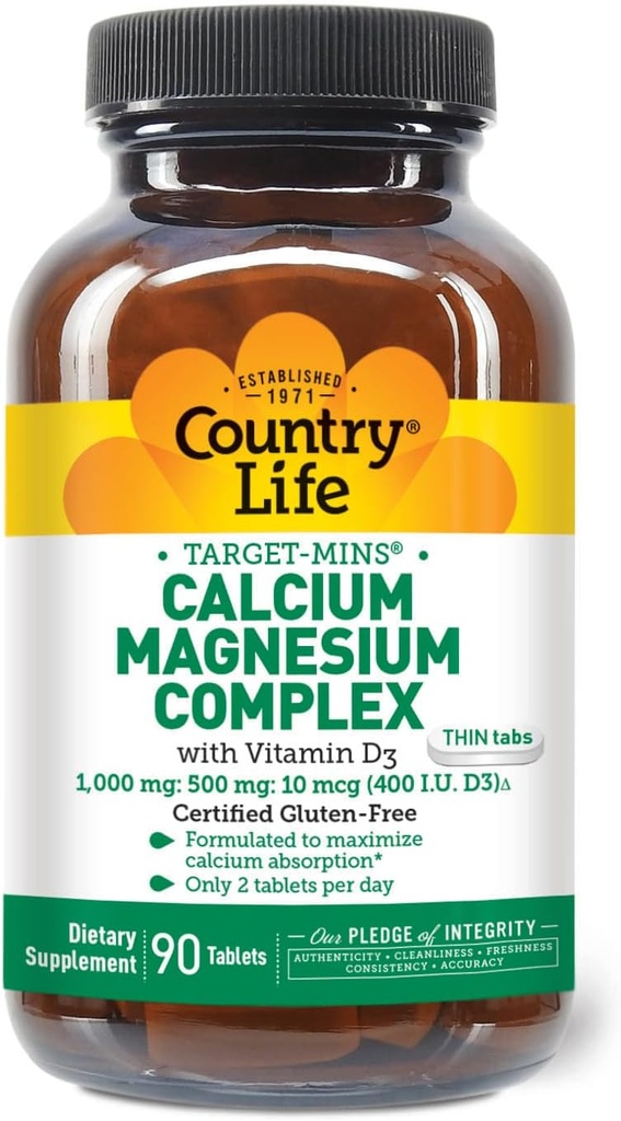 Country Life Target-Mins Calcio Magnesio con Vitamina D-Complex, 1000mg/500mg/10mcg, 90 compresse, Glutine certificate Libero, Vegetariano Certificato