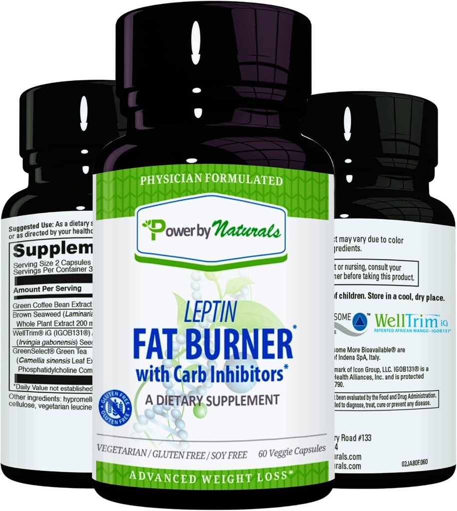 Potenza per natura: Bruciatore grasso di leptin con Blocker Carb - 60 capsule senza glutine, Pillole dieta perdita di peso di Leptin, Bruciatore grasso efficiente, Appetite Suppressant