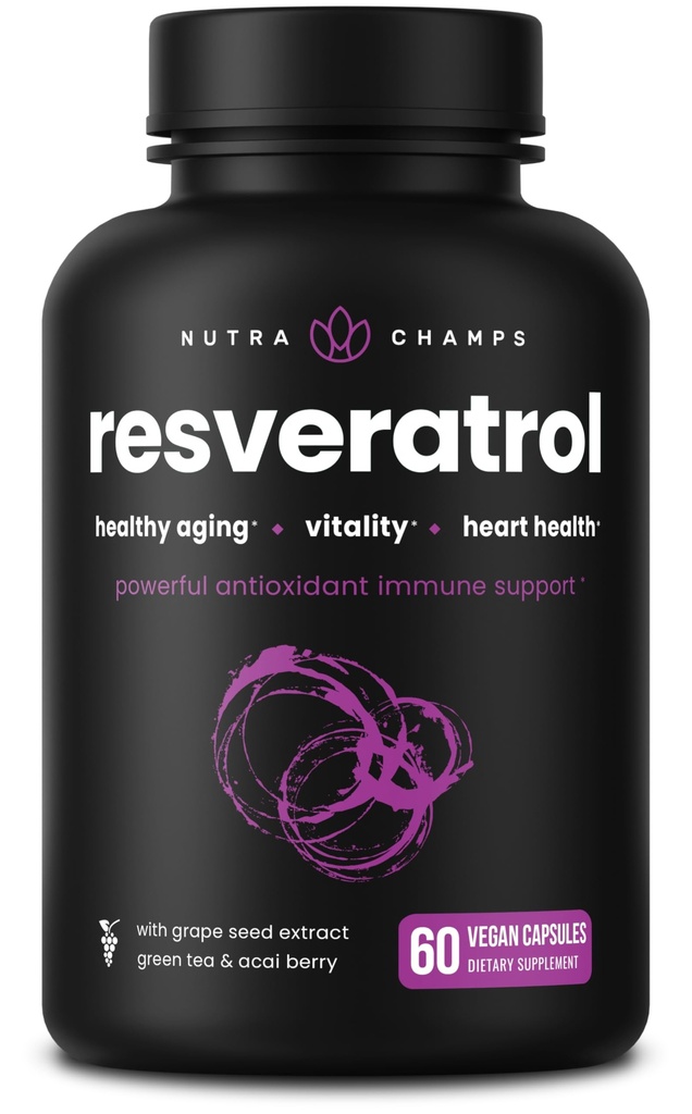 NutraChamps Resveratrolo Supplemento, Formula ad alta resistenza per l'invecchiamento sano, Supporto immunitario, 60 capsule vegane con Trans-Resveratrolo, Foglia di tè verde, Acai Berry & Grape Seed Extract