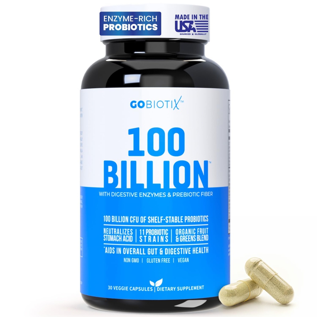 GOBIOTIX 100 Billion - Integratore di enzimi digestivi - Probiotics Multivitamin - Prebiotici Fiber Blend - 100 miliardi di CFU - Frutta organica e Greens Blend - Vegan, Non GMO - 30 Capsule