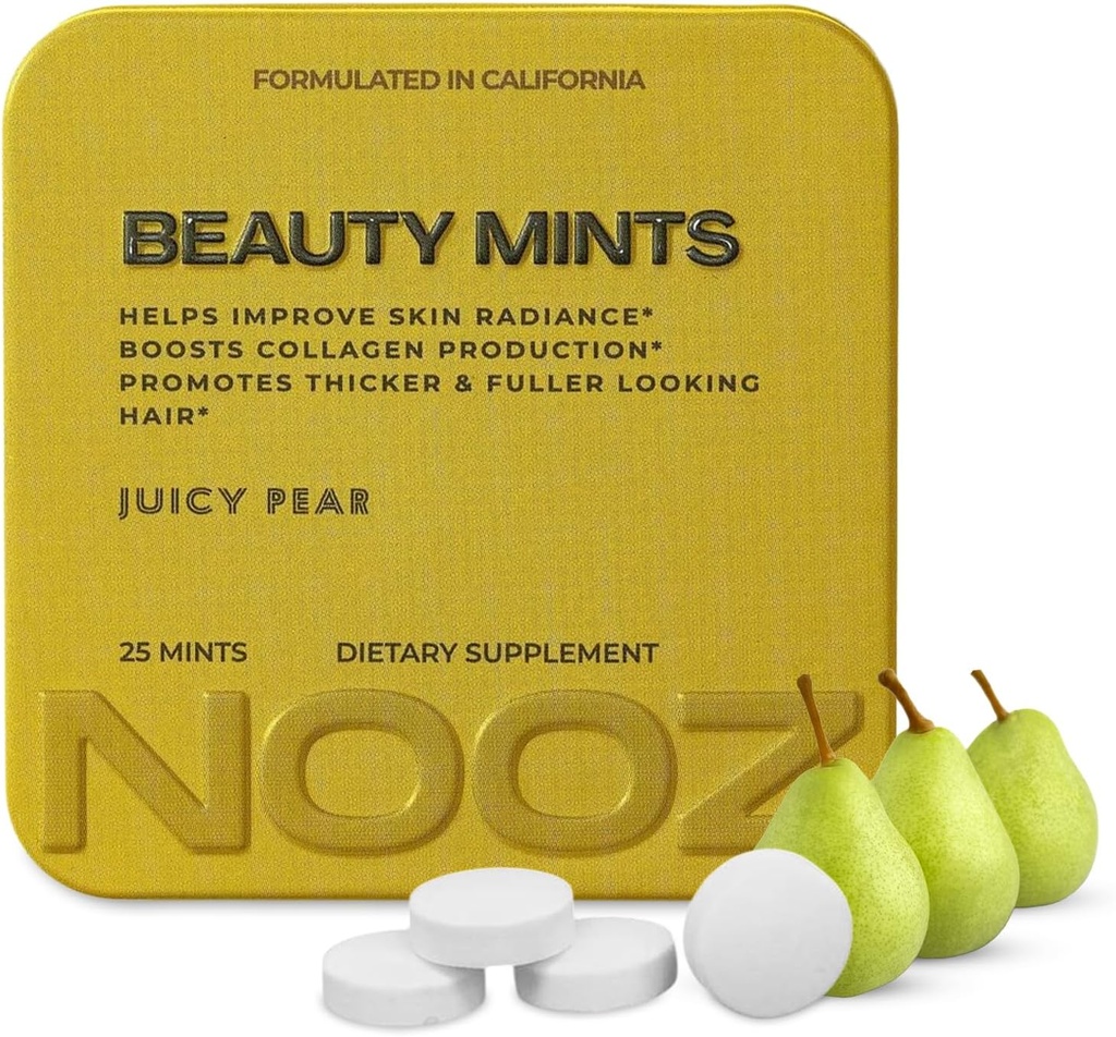 NOOZ Beauty Mints - Zucchero-Free Biotin Mint for Glowing Skin, Salute Capelli & Strong Nails - Juicy Pear Flavor | Travel-Friendly Supplement with Antioxidants, Vitamina C, B6 & B12 | Non-GMO, 25 Mints