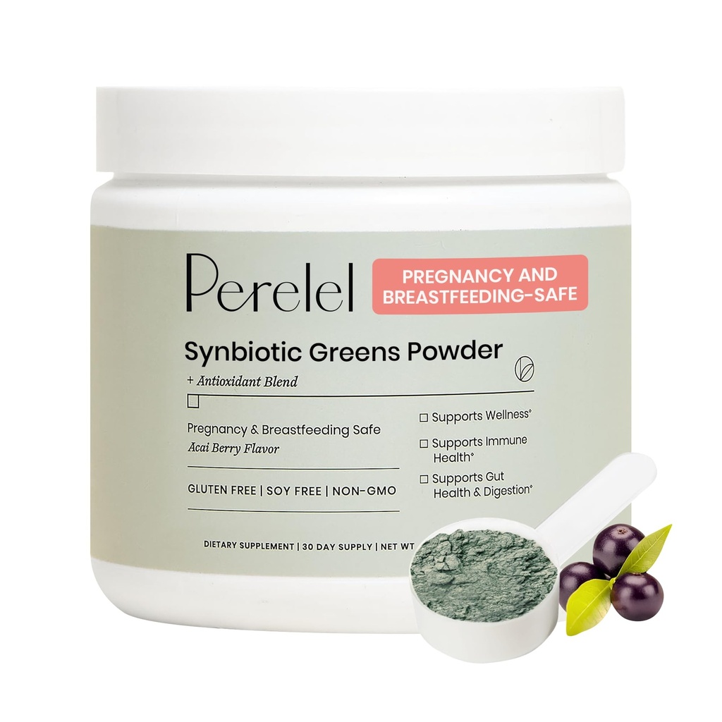 Polvere di Greens Synbiotici Perelel, Miscela Superfood con Frutta, Verdura, Probiotici, Fibra, Spirulina & Chlorella, Supplemento di Verdi giornalieri, Soia & Gluten Free, Non OGM, Acai Berry Flavor, 30 Servings