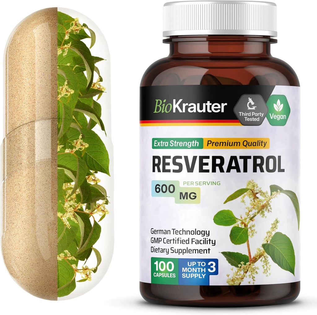 BIO KRAUTER Resveratrolo Supplemento capsule 600 mg - 100 contatori - Sorgente naturale antiossidante - Polvere di resveratrolo puro del 98% - Vegan