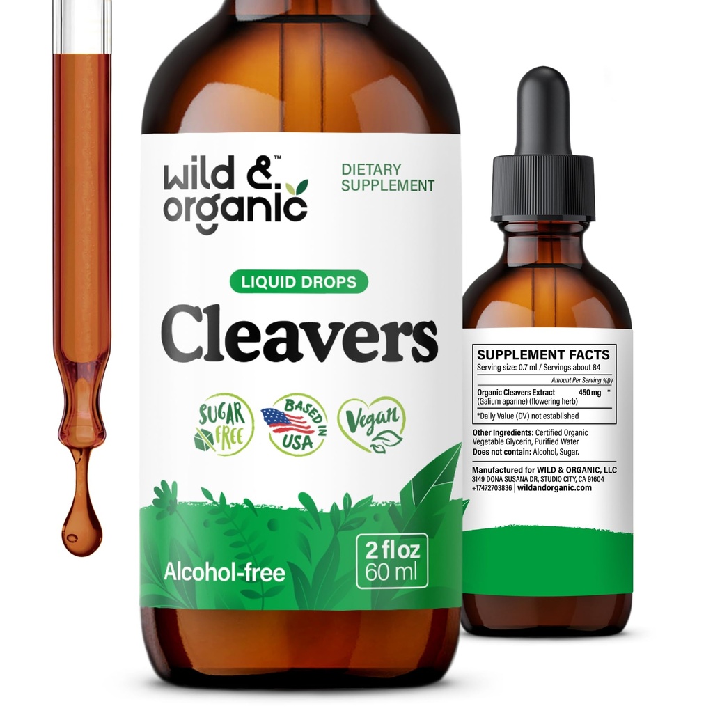 Wild & Organic Cleavers Tincture - Gocce Natural Detox con Cleavers Leaf - Galium Aparine Herb Extract Supplement - Vegan, Sugar & Alcohol-Free - 2 fl oz