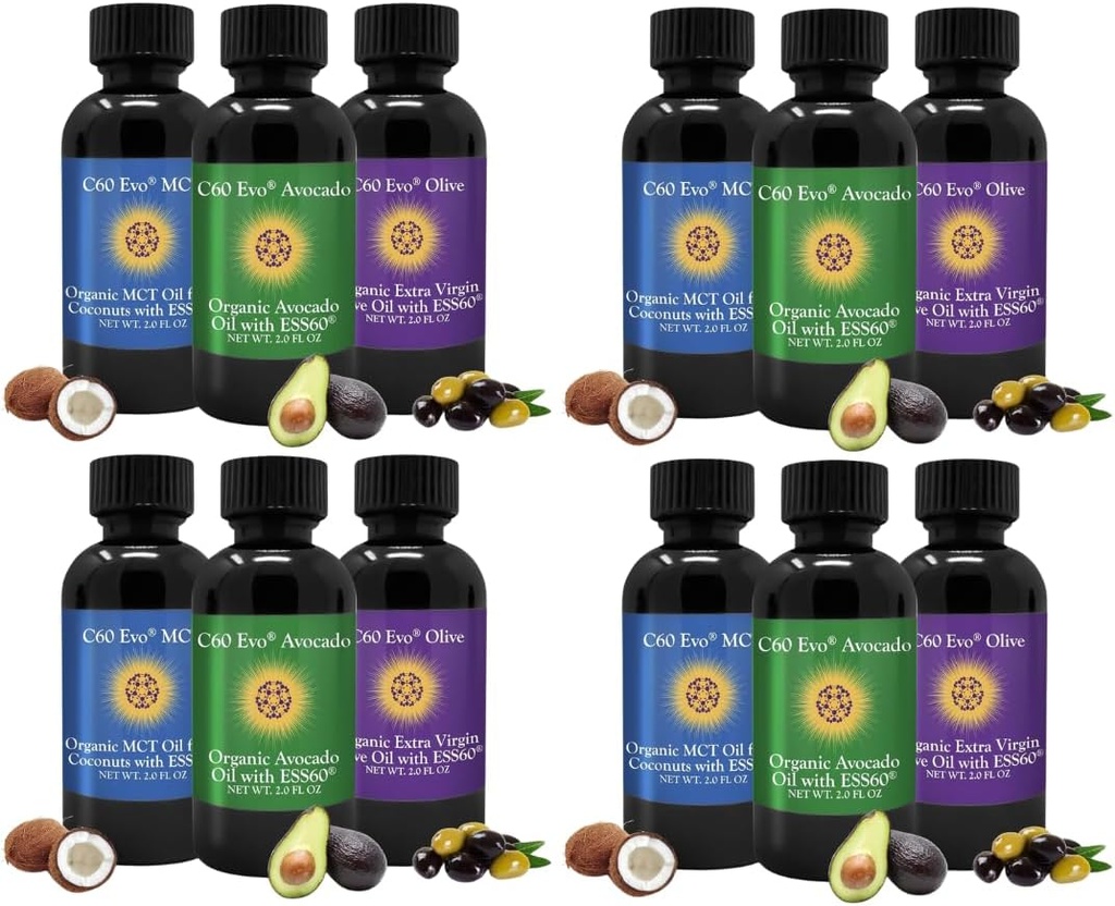 Oli Commestibili All-Natural, Mini Oil Sampler Set con Pure C60 ESS60, Supporto Immune e Supporto Congiunto Integratore con Olio di Oliva, Olio di Avocado & MCT Coconut Oil, Set da 12, 2 Oz