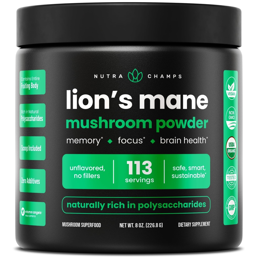 NutraChamps Organic Lions Mane Powder - 2000mg Potente Nootropic per Memoria, Focus, Supporto Immune - Vegan Lion’s Mane Mushroom Powder Supplement with Naturally Occurring Beta-Glucans - 8oz
