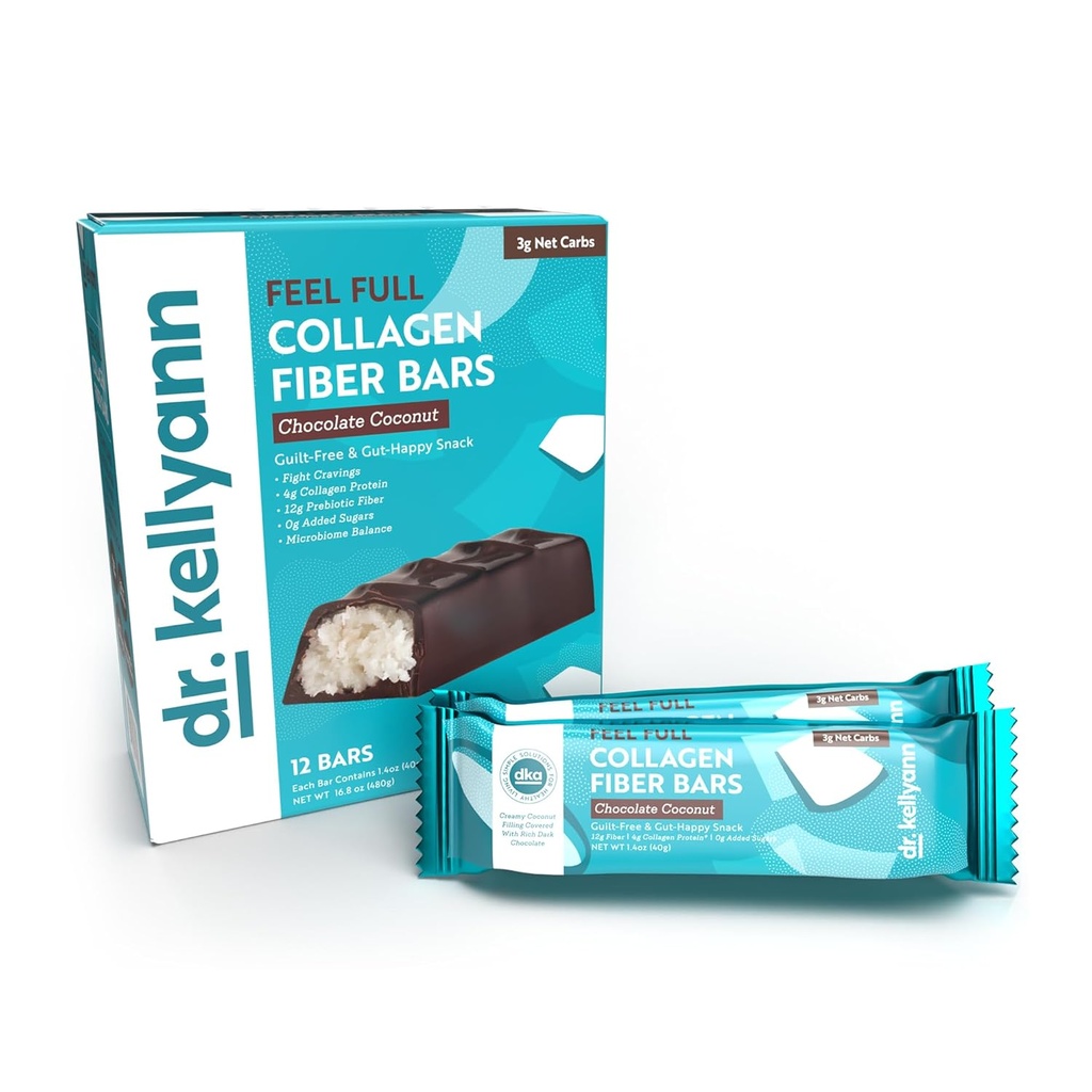 Dr. Kellyann Keto Collagen Fiber Bar (12 bar) – Alta fibra, Carbo basso, Senza glutine, Keto & Paleo-Friendly, 1 scatola