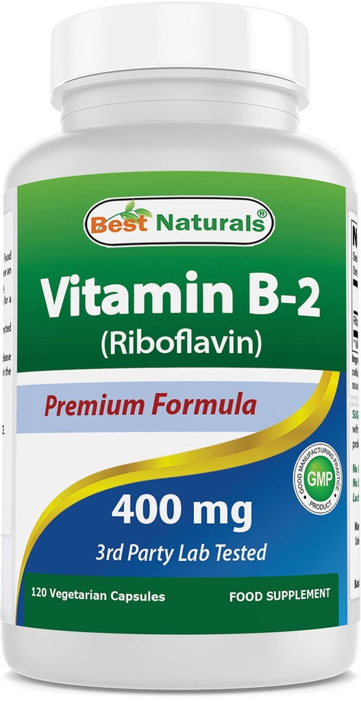 Best Naturals Vitamin B2 (Riboflavin) 400mg - Migraine Relief - Capsule vegetali - Precursore Conezyme - 120 Count